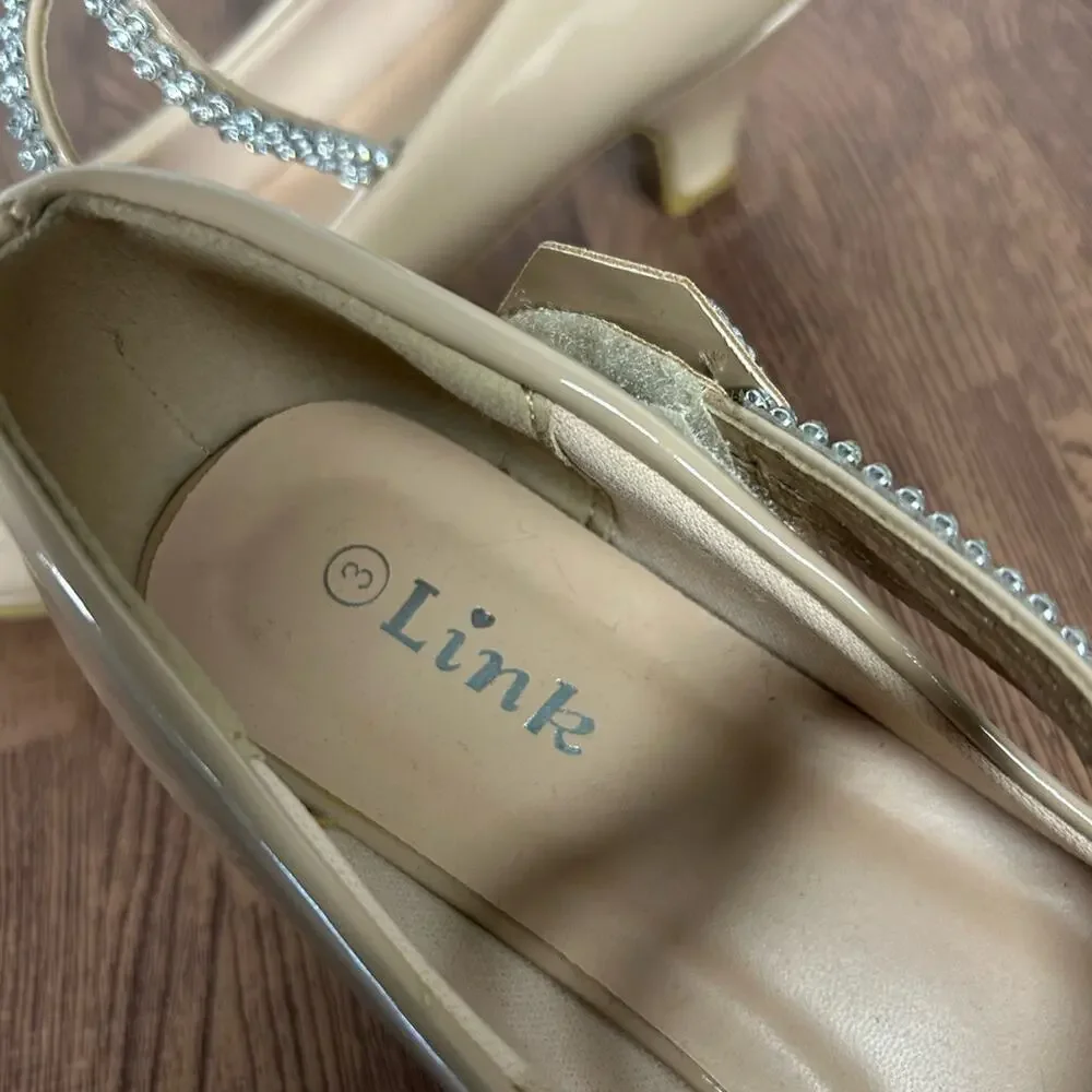 Link Girls Size 3 Nude Patent Mary Jane Heels Rhinestone Strap Dress Shoes